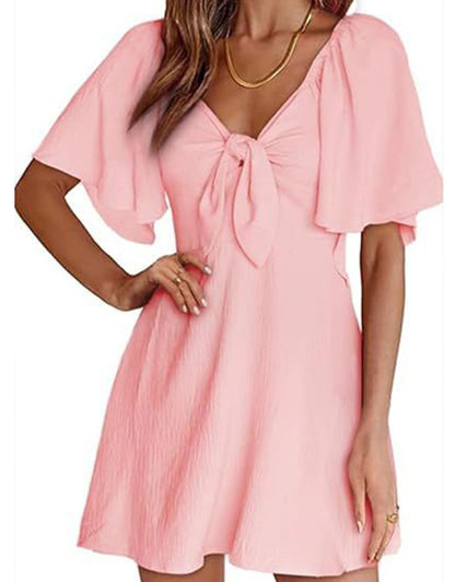 Summer Deep V Neck Ruffle Sleeve Elegant Bow Tie Mini Dress