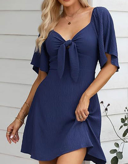 Summer Deep V Neck Ruffle Sleeve Elegant Bow Tie Mini Dress