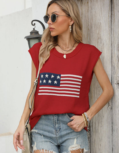 American Flag Loose Short Sleeve Round Neck Sweater