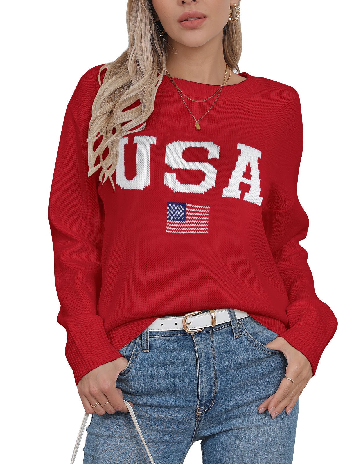 USA Flag Loose Long Sleeve Crewneck Sweater