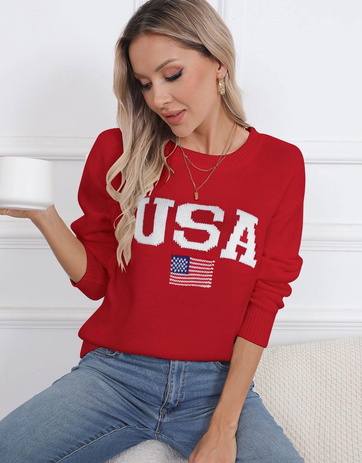 USA Flag Loose Long Sleeve Crewneck Sweater