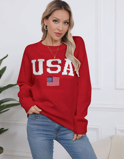 USA Flag Loose Long Sleeve Crewneck Sweater