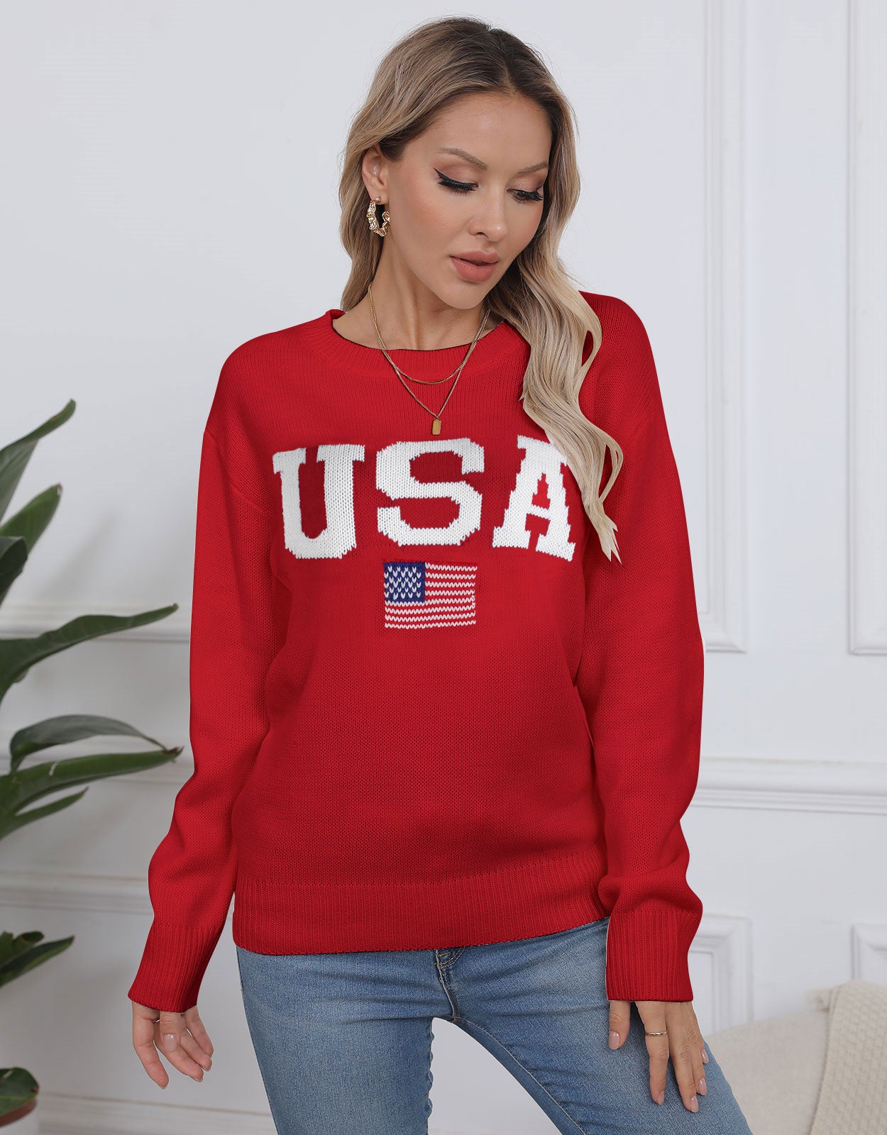 USA Flag Loose Long Sleeve Crewneck Sweater