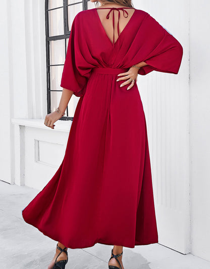 V-Neck Satin High Waist Loose Dress