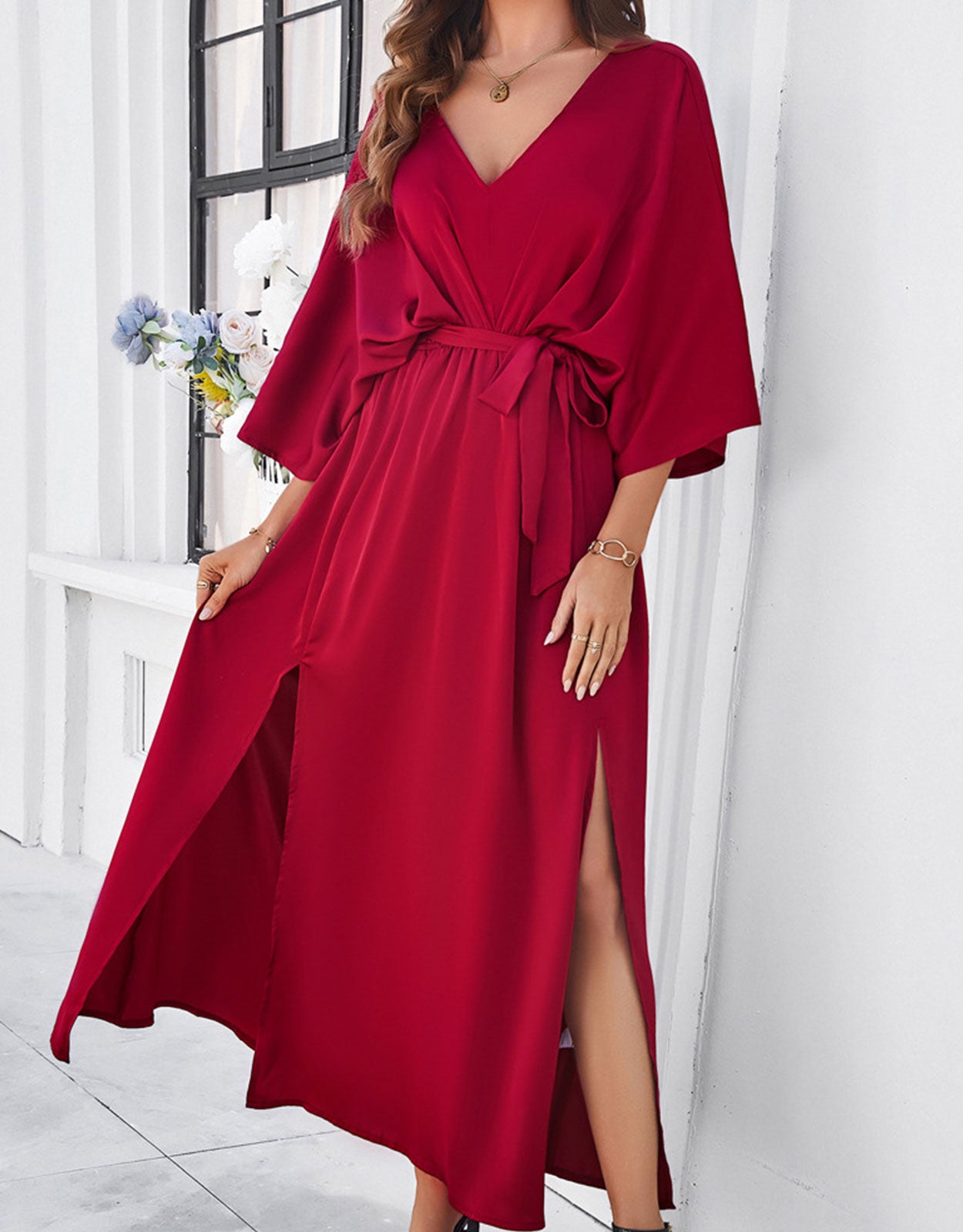 V-Neck Satin High Waist Loose Dress