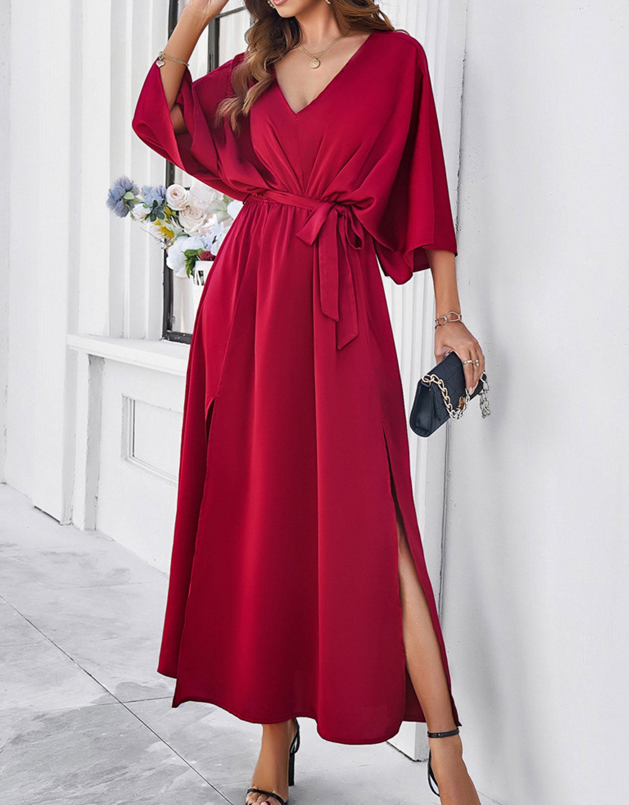 V-Neck Satin High Waist Loose Dress