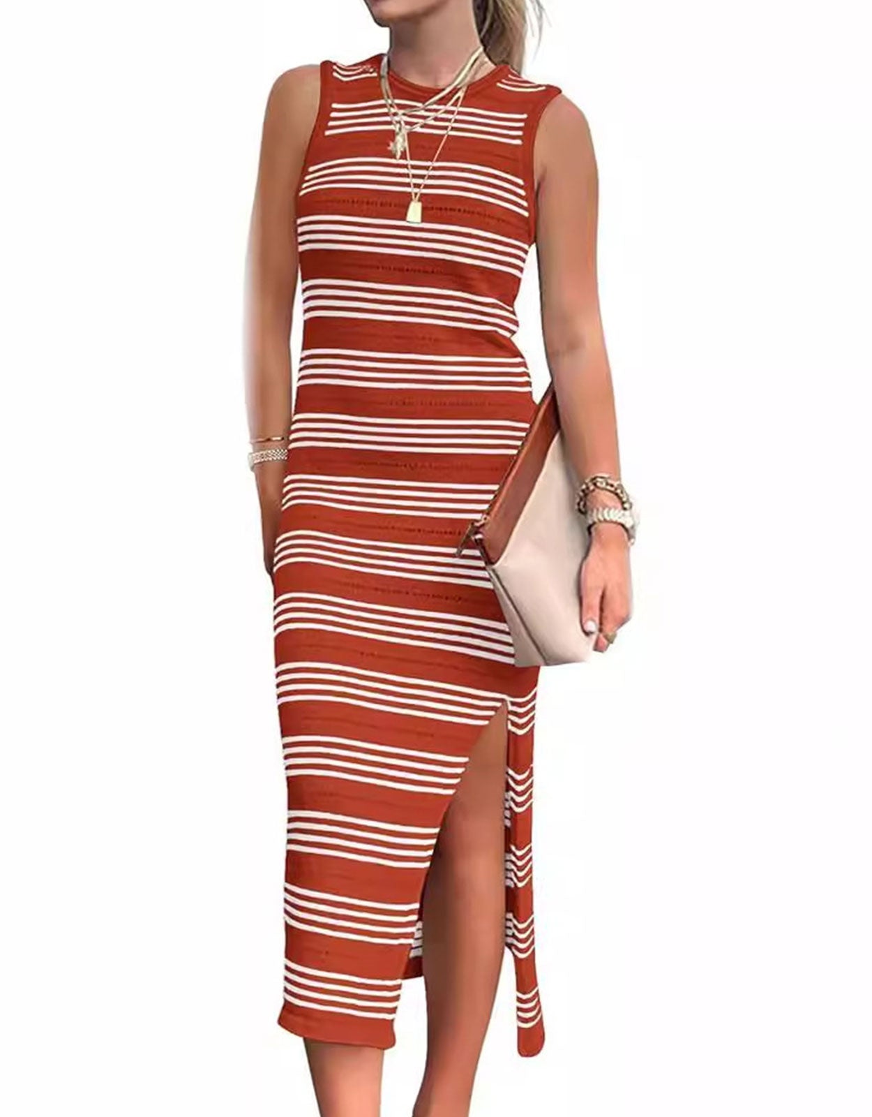 Striped sleeveless round neck long dress