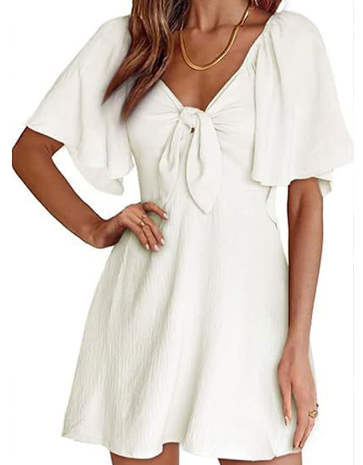Summer Deep V Neck Ruffle Sleeve Elegant Bow Tie Mini Dress