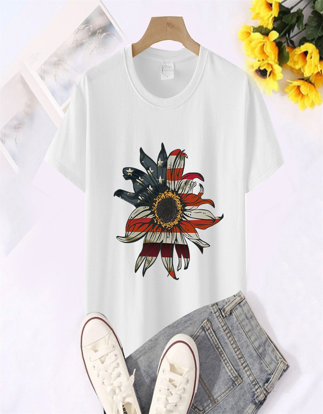 Summer Sunflower Flag Print T-Shirt