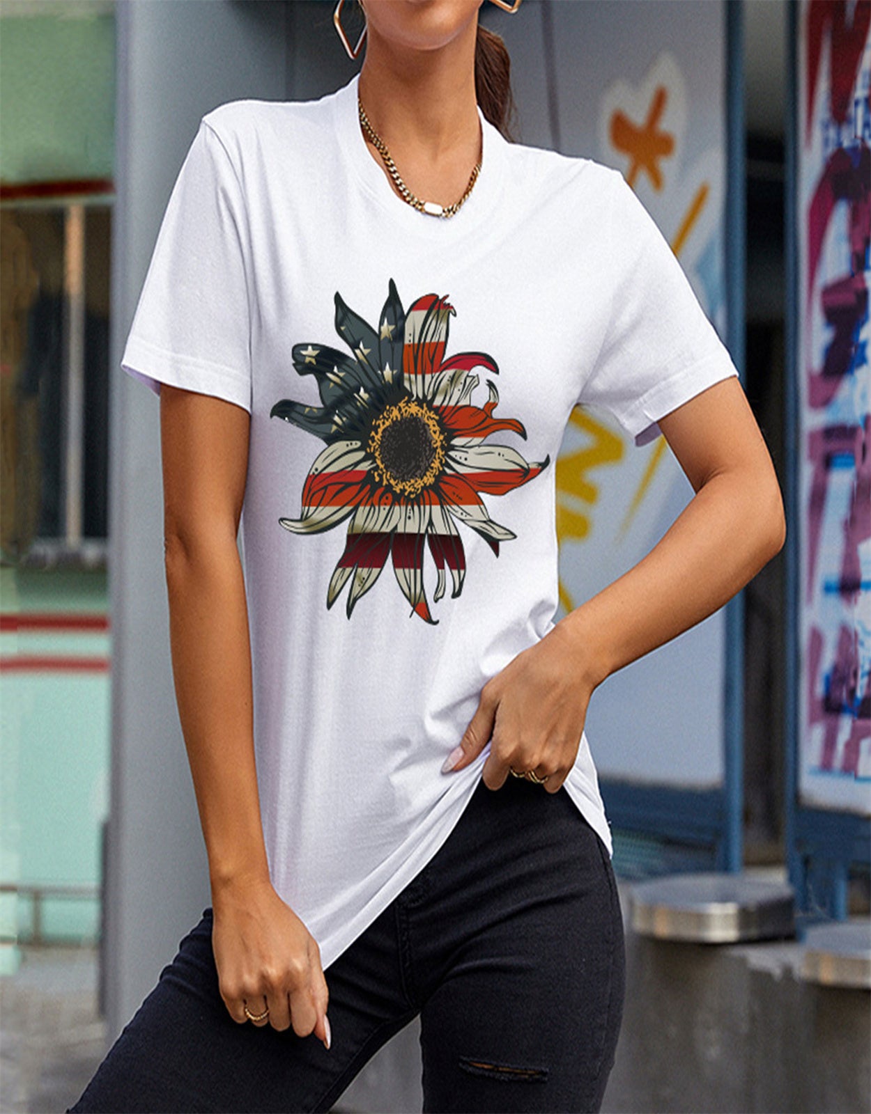 Summer Sunflower Flag Print T-Shirt