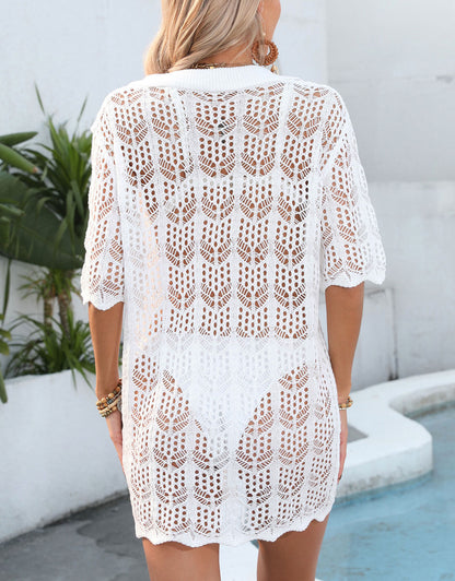 Ladies Lapel Button Branch Mini Short Sleeve Cover-up