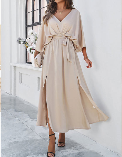 V-Neck Satin High Waist Loose Dress