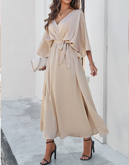 V-Neck Satin High Waist Loose Dress