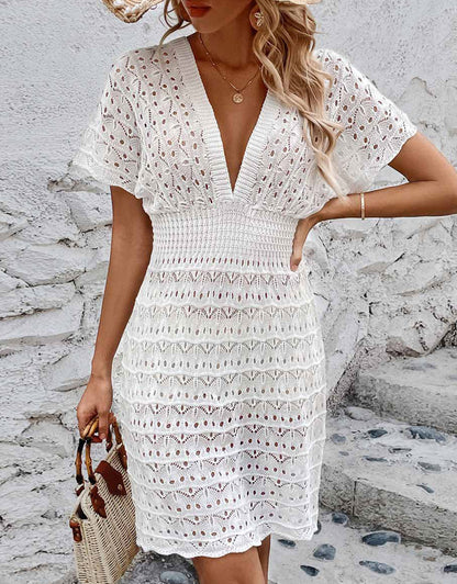 Women's V-neck Waist Hollow Wave Mini Wave Cover-up
