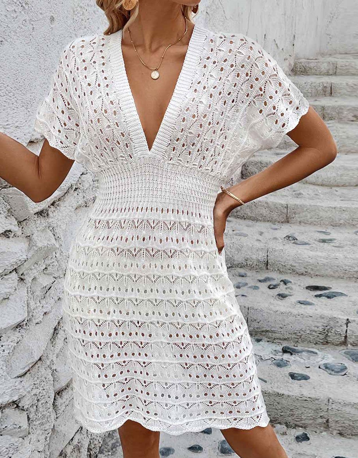 Women's V-neck Waist Hollow Wave Mini Wave Cover-up