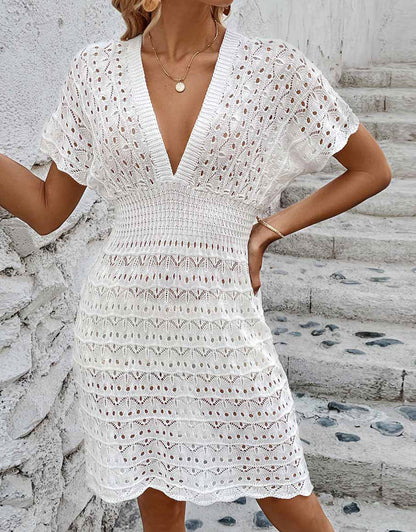 Women's V-neck Waist Hollow Wave Mini Wave Cover-up
