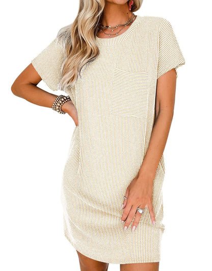 Vertical Stripe Pocket Short Sleeve Mini Dress