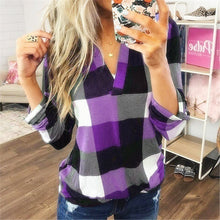 Load image into Gallery viewer, Casual V Neck Plaid Print Blouses Shirts
