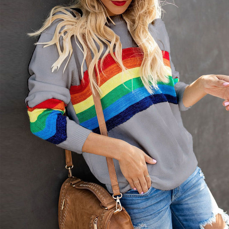 Dropped Shoulders Rainbow Stripe Sweater Grey