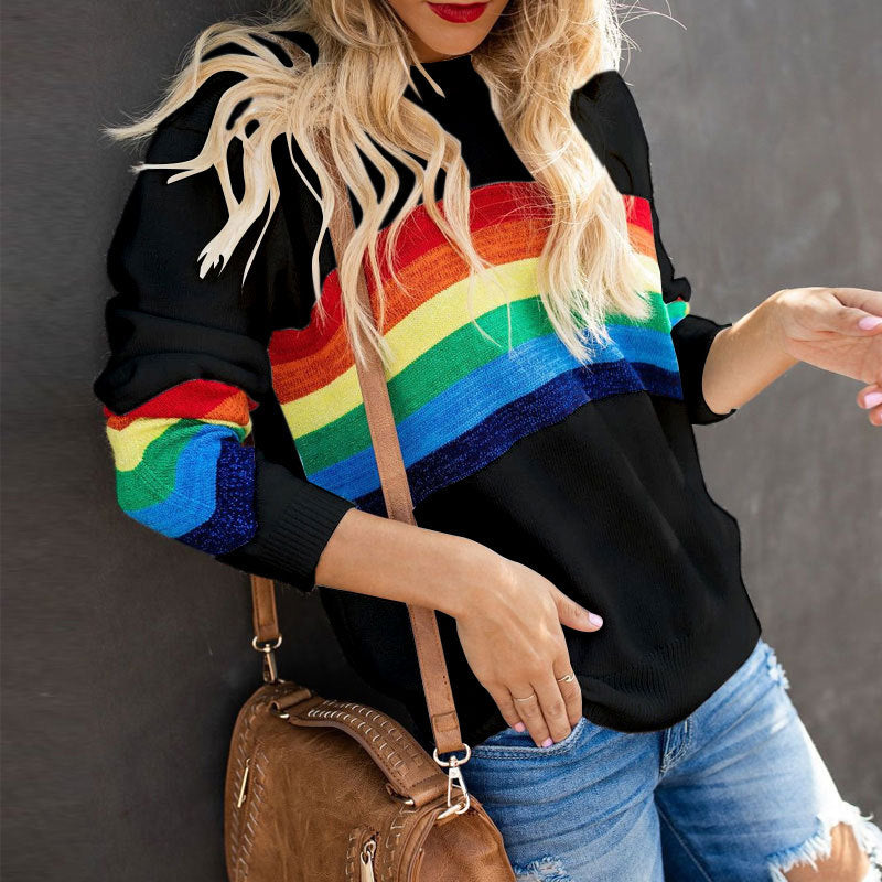 Rainbow Stripe Dropped Shoulders Sweater Black