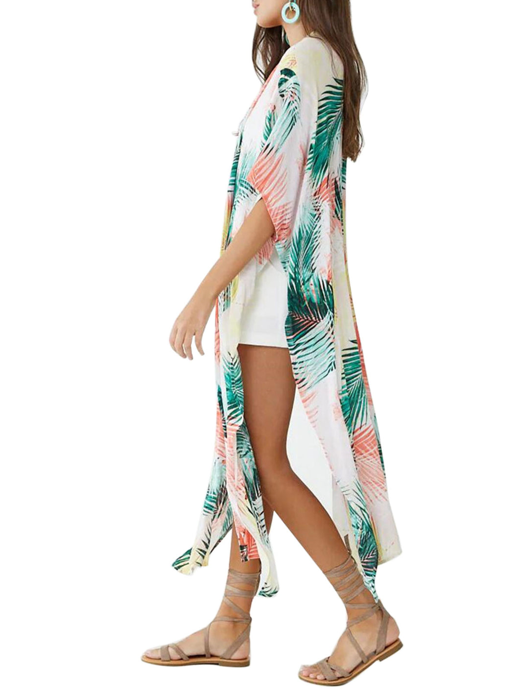 Rayon Leaf Print Kimono Coverup