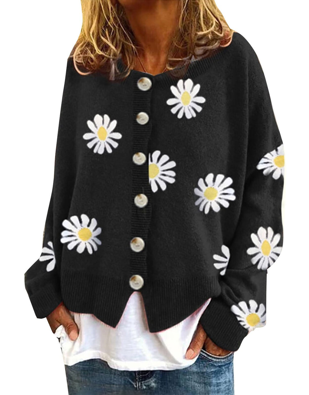 Cardigan Sweaters with Daisy Flower Floral Print